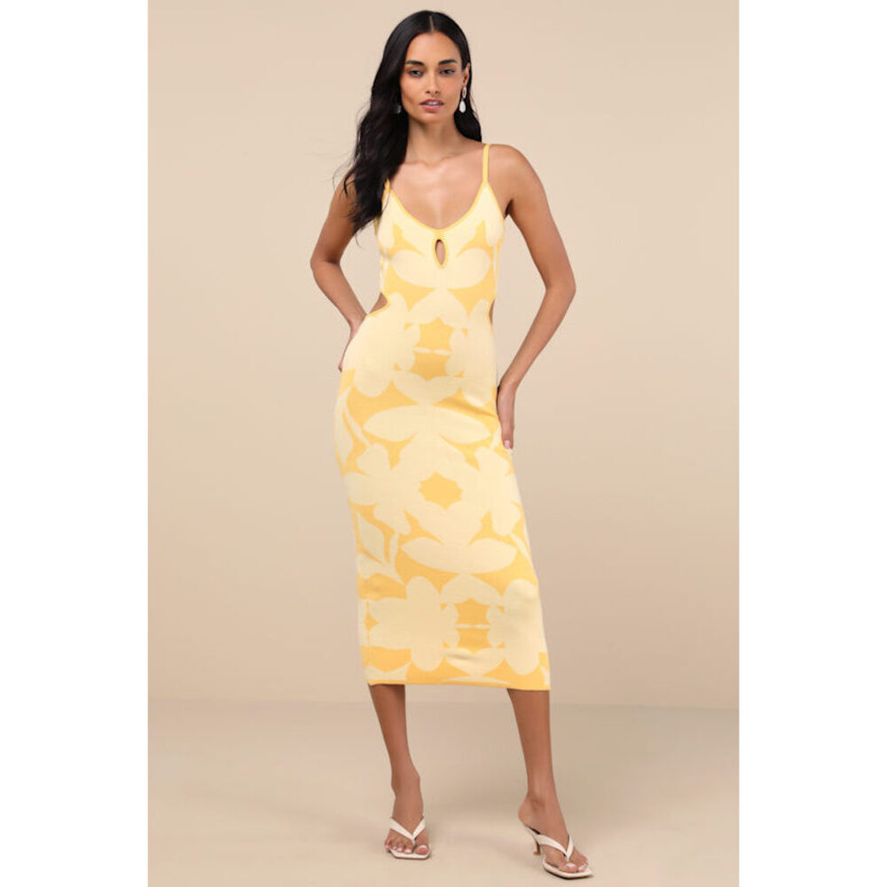 NWT Lulus Perfectly Charming Yellow Abstract Cutout Midi Sweater Dress - Size L